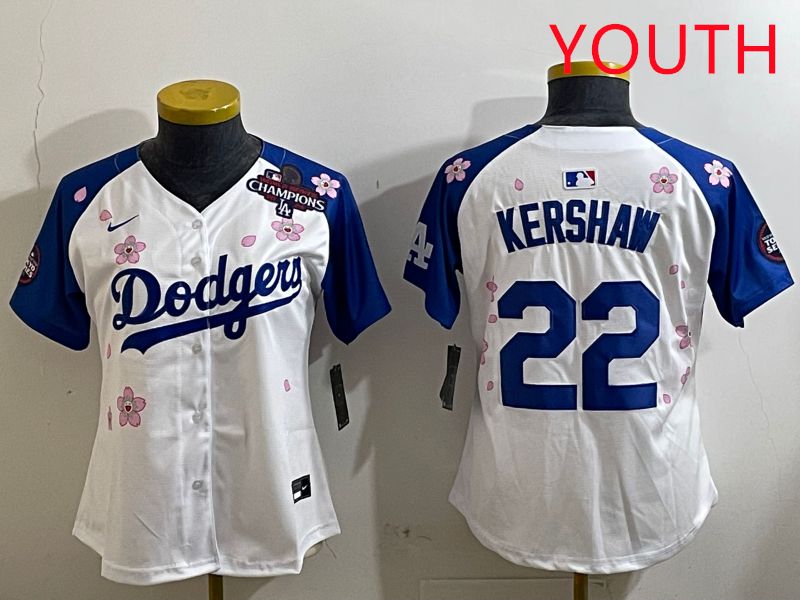 Youth Los Angeles Dodgers 22 Kershaw White Blue Sakura Edition 2025 Nike MLB Jersey style 5
